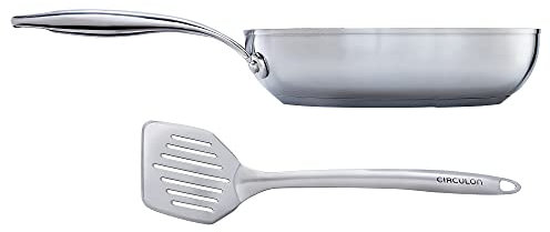 Circulon SteelShield Stainless Steel Frying Pan 24cm with Slotted Turner - Induction Frying Pan with Hybrid Non Stick, Metal Utensil Safe, Oven & Dishwasher Safe Cookware