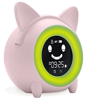 Metronic 477345 Reveil Enfant Educatif avec Veilleuse Indicateur Jour/Nuit - Horloge Digital - Affichage Temperature - 5 Sons d'Alarme pour Les Réveils du Matin - Rose