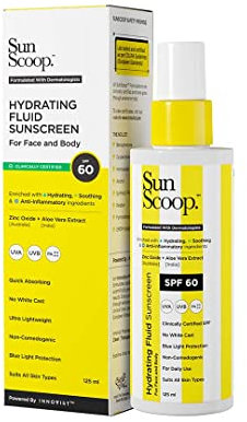 SunScoop - Fluido Solar Hidratante Rostro y Cuerpo | SPF 60 PA++++ | Filtro UV Óxido de Zinc | Extractos de Romero, Aloe Vera y Manzanilla, Amplio Espectro, Sin Color Blanco, No Comedogénico, 125ml