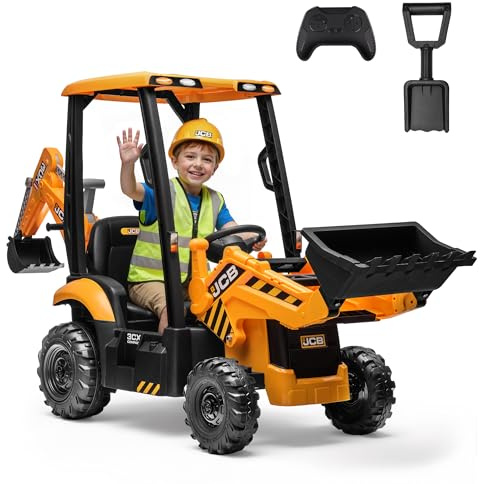 12V JCB Ride On Excavator with Remote Control, Kids Ride On Car 3–8, Front Loader & Backhoe Digging Arm, Tractor & Bulldozer Modes, Slow Start, Adjustable Speeds, Engine Start Sound (Yellow)