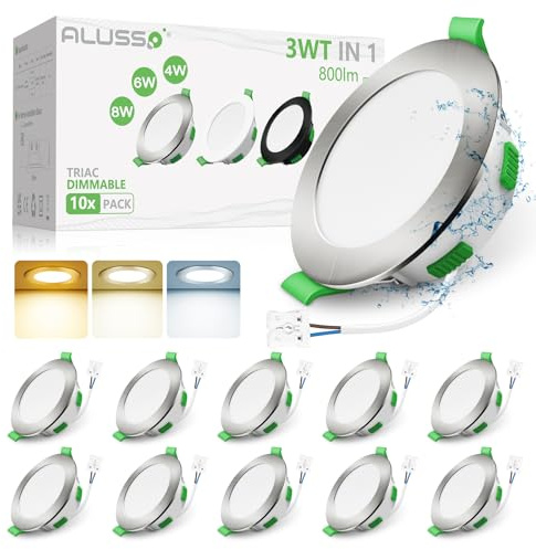 ALUSSO 3WT&3CCT LED Downlights Ceiling Dimmable IP44 Cutout 68-78MM 10 Pack | Slim Recessed Ceiling Lights, 4W 6W 8W & 3000K 4000K 6500K Selectable Bathroom Kitchen Spotlights, Round Brushed Nickel