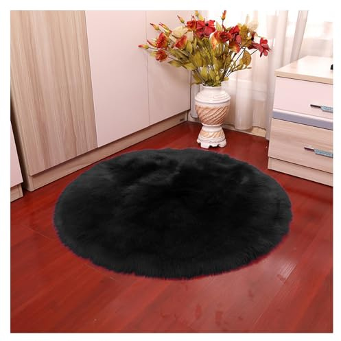 Faux lammskinn fårskinn rund matta 50 x 50 cm svart fluffig fuskpäls matta långhårig päls mjuk imitation ull sängmatta soffa matta halkfri tvättbar plysch dörrmatta hem dekoration