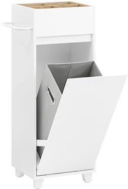 SoBuy Badezimmerschrank mit Wäschesack – Wäscheschrank & Badmöbel mit 4 offenen Fächern Oben, Handtuchhalter – Schmaler Wäschekorb Schrank für kleine Bäder, Weiß, 35x90x30cm BZR159-W