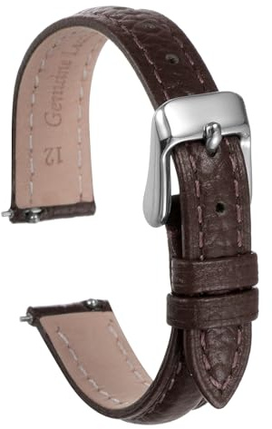 QUARKZMAN Klockarmband i äkta läder 12 mm snabb ersättning platt kohud elegant armband dam herr med stålspänne för klassisk smartklocka, brun, 12mm