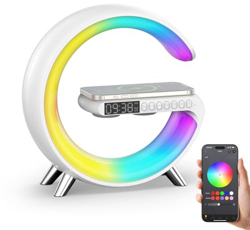 Smiling Shark Intelligente LED Sveglia Luce, Lampada Sveglia Atmosfera con Altoparlante Bluetooth & Ricarica Senza Fili Controllo App Dimmerabile Smart Wake Up Light per Casa Decorazione Regalo