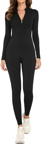 adorence Mono Deportivo Mujer Ajustado, Manga Larga Jumpsuit Mujer Sportiva con Cremallera, Largo Elásticos Enterizos para Gym Yoga -Negro,L