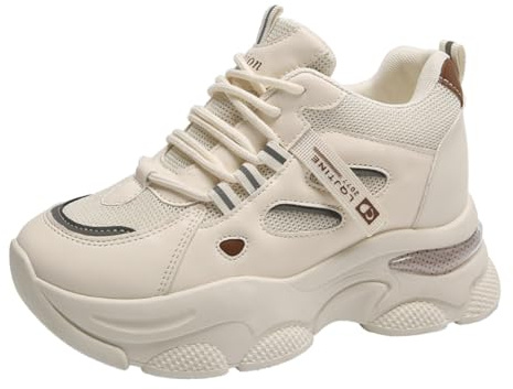 Trcloltc platå chunky sneakers dam lätta andningsbara bekväma utomhus sportskor vit svart beige, Beige, 39 EU