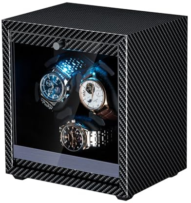 Mcbazel Scatola Per Carica Automatico Per Orologi Ultra Silenziosa, 4 Modalità di Rotazione con Luce LED Blu, Scatola Programmabile per 3 Orologi, Custodia Per Orologi Alimentata da USB con Foam