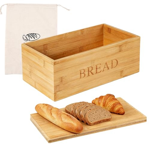 BAIFULAI Contenitore Per Il Pane In Bambù, 33 X 19 X 13,5 Cm, Con Sacchetto Di Lino E Coperchio In Legno Come Tagliere, Grande Capacità Per Conservare Il Pane Fresco