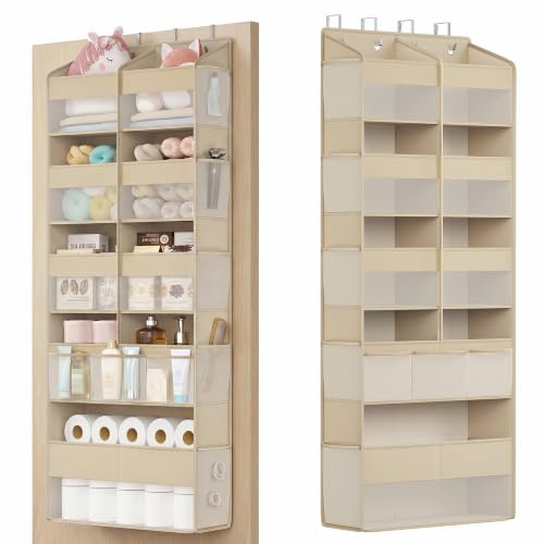 SONGMICS Étagère Suspendue, 9 Compartiments, Rangement Suspendu, Pliable, Rangement Penderie, Crochets en métal, Transparent, Pochettes Latérales, Beige Sable RDH009LF01