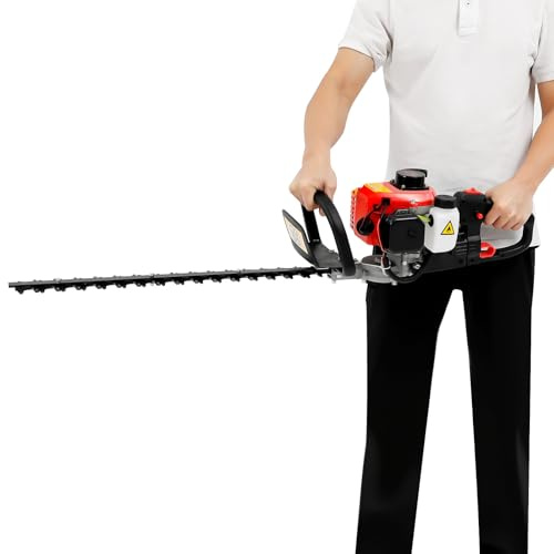 Cortasetos de gasolina con motor de 22,5 cc de 2 tiempos, hoja de doble cara de 56 cm, mango giratorio de 180°, 9000 rpm, bajo nivel de ruido 90-105 dB, potencia de 0,9 CV