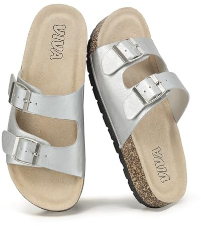 VIVASHOES Women’s Double Buckle Cork Footbed Sandals - Adjustable Flat Slide Sandals for Ladies - Comfortable Open Toe Summer Slippers