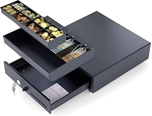 ACROPAQ Caja registradora - Apertura manual a pulsador, 33 x 33 cm, Con caja monedas, Encajable bajo cantador - Cajon caja registradora, Caja registradora negocio - Negro