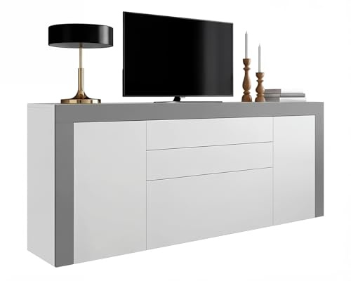 Panana Living Room Large Sideboard Cabinet High Gloss Front and Top Chest of Drawers 2 Door 2 Drawer 2 Flap Storage Cupboard W200xD35xH72cm (Grey)