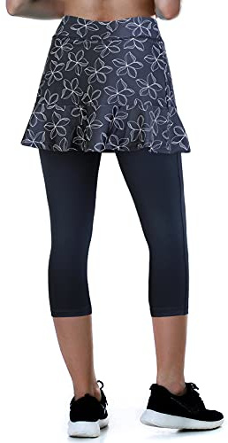 ANIVIVO Women Running Legging with Skirts,Tennis Leggings for Women& Yoga Skirts Leggings with Pockets(Gray Flowers,M)