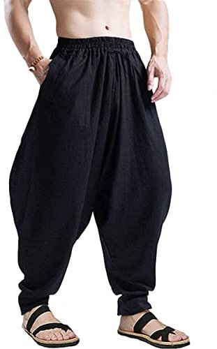 AITFINEISM Männer Haremshose Bequeme Elastische Taille Hosen Mode Einfarbig Casual Yoga Hippies Hosen (Schwarz 2,XXL)