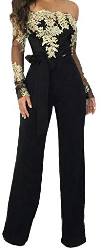 LZPCarra Overall dam, elegant spets-jumpsuit dam, elegant för bröllop, sommar, lekdräkter, långa jumpsuits, sexig byxdräkt, axelbandslös, onepiece, fritidsoverall, breda ben, byxor för festliga affärer, svart, M