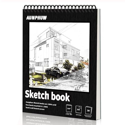 Aunphuw A4 Zeichenblock Skizzenbuch Spiralbindung, 160gsm Blanko Skizzenblock Spiralgebundenes Zeichenblock mit Strapazierfähiger Hartfaserplatte Säurefreies für Kinder Erwachsen, 60 Seiten