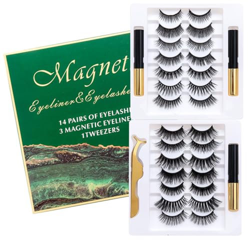 BeauFairy Magnetische Wimpern, Magnetische Wimpern mit 3 Tuben Eyeliner Satz, 14 Paare Dicke Lange Künstliche Weiche Falsche Eyelashes, Wasserdicht und Wiederverwendbar mit Pinzette, Kein Kleber