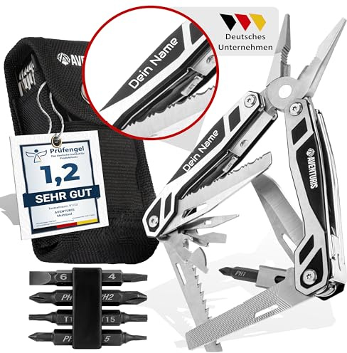 AVENTURIS® Multitool-Werkzeug -PERSONALISIERBAR- 21 Funktionen [Edelstahl] Ostergeschenk für Männer, Geschenk mit Gravur für Papa | Multitool mit Messer, Zange & Schraubendreher