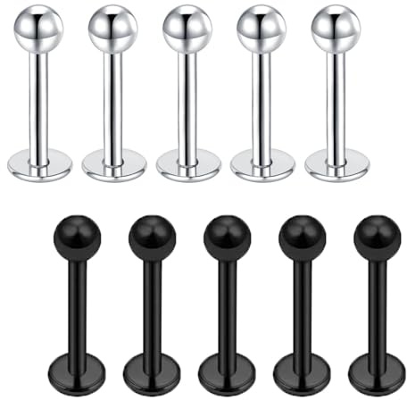 Besyvvin 10pcs Lip Bars 8mm Stainless Steel Silver Black Labret Helix Tragus Cartilage Flat Back Studs 16G Piercing Jewellery