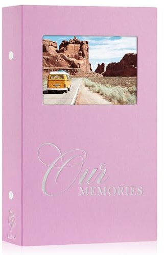 Lanpn Photo Albums 6x4 300 Pockets Slip in, OURMEMORIES Linen Hardcover Window Photo Book Photobook Holds 300 horizontal Photos (Pink)