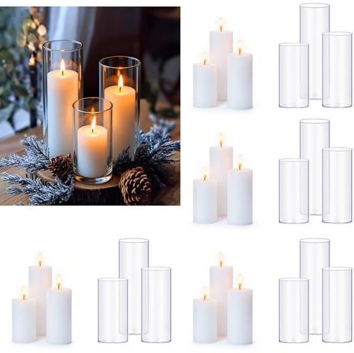 PNJHDZ 24 Pcs White Pillar Candles and Glass Candle Holders Cylinder Candle Vases for Pillar Candles Hurricane Candle Holders Set for Wedding Party, Event, Home Office Decor