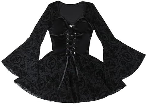 DINGJIUYAN Gothic Dress Women Velour Square V Neck Flare Long Sleeve Floral Bodycon Mini Dresses Halloween Party Costume Black S