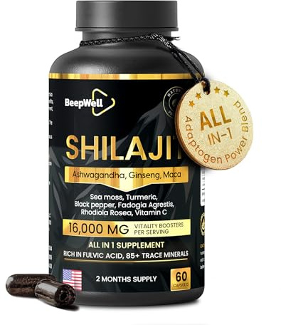 Shilajit Gélules 16 000MG – 60 Gélules | Shilajit Pur Naturel avec Ashwagandha, Maca, Sea Moss, Poivre Noir & Minéraux | Formule Végétale Quotidienne