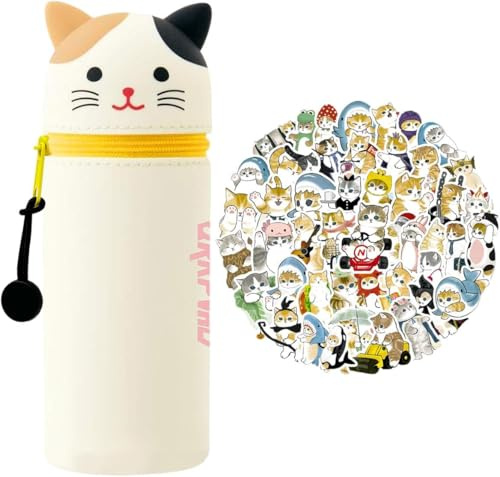 QRKPVHD Katze Silikon FedermäPpchen, Schulmäppchen aus weichem Silikon, Cartoon Bleistifthalter, Vertikales FedermäPpchen，Mit Katze Aufkleber, Aus Weichem Kätzchen