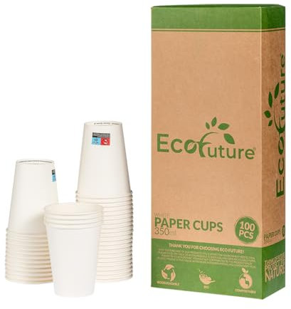 Eco Future 100Pzs Vasos de Papel de 350ml Biodegradables y Compostables, Vasos Desechables Ecológicos Cócteles Café Capuchino Beer Pong Vaso Blanco 35cl (Vasos de Papel, 350ml (12oz), 100)