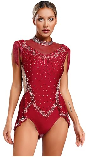 Oyolan Femme Justaucorps Gymnastique Patinage Artistique Combinaison Danse Latine Frangé Strass Costume A Bourgogne M