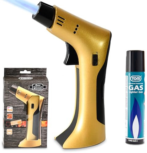 TOM Flambierbrenner Set MIT Gas befüllt + 1 x Butangas Kartusche – Profi Gasbrenner mit Sicherheitsschloss für Küche, Haushalt, Camping & Werkstatt – nachfüllbar – in zwei Farben – Jetflame (Gold)