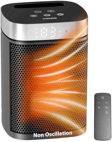 Small Portable Space Heater for Indoor Use - VOCRS 1500W PTC Electric Heater with Thermostat, Remote Control, 12H Timer, Eco and Fan Mode, Rapid and Safe Heating for Bedroom, Office