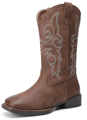DREAM PAIRS Cowgirl-stövlar för kvinnor, broderade, fyrkantig tå, mitten av vaden västernstövlar modeklänning, tjocka lågklackade skor för temafest, landskonsert | Broderade fyrkantiga tår stövlar till vaden modern klänning Chunky låg klack skor för temafest landkonsert