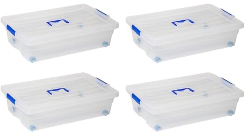 AC - Pack de 4 cajas de almacenamiento con ruedas Nº 2 - Plástico - Contenedor, guardar ropa, mantas, libros - Fabricado en España - 30 L - 59 x 39 x 16 cm – Transparente