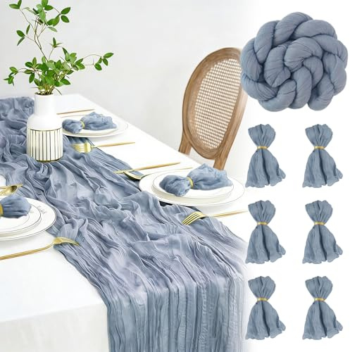 FALSKT Camino de Mesa Azul Polvoriento 400×90cm Mantel de Gasa de Poliéster Vintage Camino de Mesa Moderno con Textura Arrugada paraComuniones Fiestas,6PCS Servilletas de Gasa,6PCS Anillos Servilletas