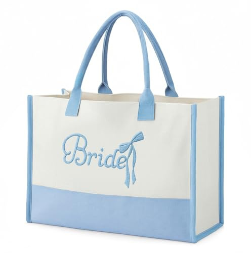 Sunnymove Tote Bag for Mother's Day Bridal Embroidery Canvas Tote Bag with Bow Rose for Wedding Bridal Shower, Blue, Pink(Blue Bow)