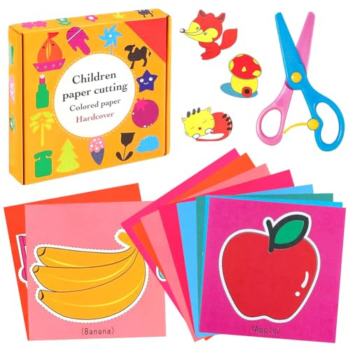 Set Taglio Carta per Bambini, 1 Forbici Sicurezza + 96 Fogli di Carta Colorata, Divertente Set di Attività di Taglio Della Carta Giocattolo