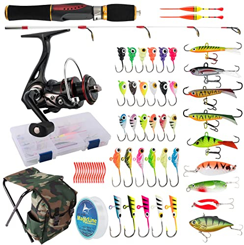 Dr.Fish Set di 40 pezzi canna da pesca sul ghiaccio e mulinello, set di attrezzatura per canna da pesca sul ghiaccio, set di attrezzature per zaino, sedia, esche e accessori