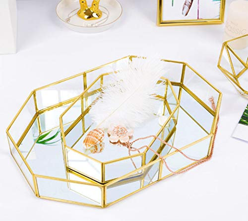 Duffire Vintage Maquillage Bijoux Organisateur Miroir Plateau En Verre Décoration À La Main Décoration Métal Plateau De Couleur (Petit)