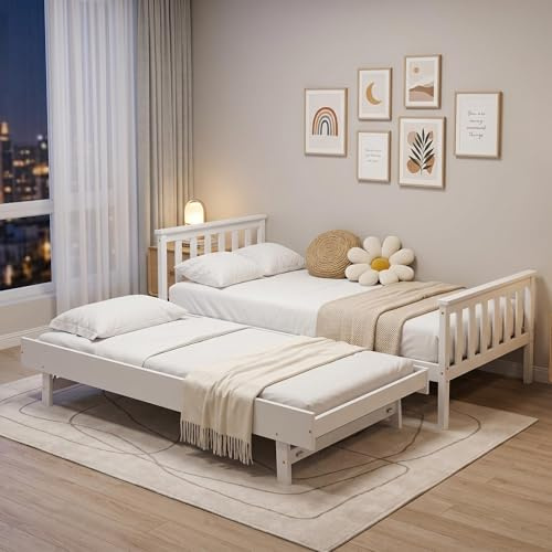 Panana Pull-out Double Bed Frame, 3FT Single Bed 2 in 1, Solid Wooden Folding Trundle Bed for Bedroom (White)