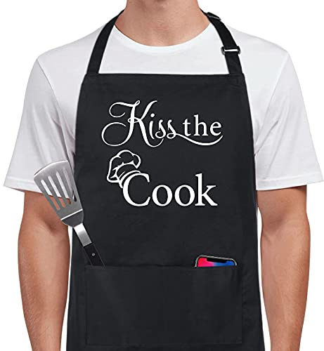 Xornis 100% Cotton Funny Apron Kiss the Cook for Men Women with 2 Pockets Kitchen Cooking Adjustable Bib Black Aprons Gifts for Dad Father's Day Birthday Anniversary