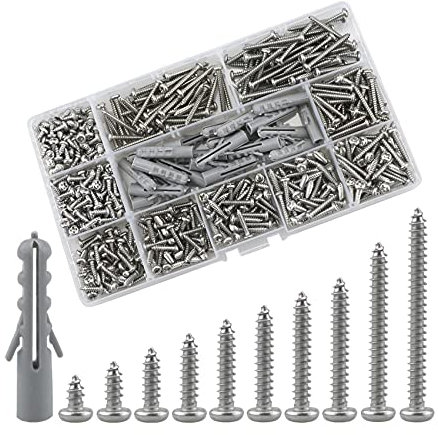 Lemiyoo M3 Pan Head Self Tapping Screws, 630 Pcs Round Head Phillips Wood Screws, Expansion Wall Plug Kit, Stainless Steel Self-Drilling Screw Kit (6/8/10/12/14/16/18/20/25/30mm) (Silver)