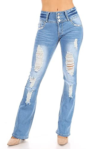 Women's Juniors Butt Lift Push Up Mid Waist Ripped Distressed Boot Leg Jeans in M. Blue Size 11 (3525)