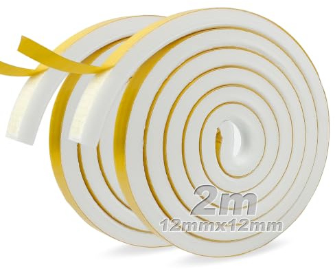 Mossgummi självhäftande vit tätningstejp självhäftande 12 mm (B) x 12 mm (D) skumtejp för fönster dörrar tätning antikollision ljudisolering 2 rullar vardera 2 m lång