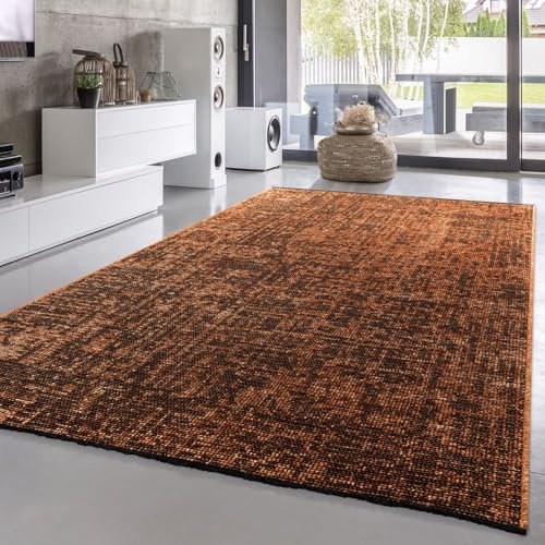 TT Home Wohnzimmer Teppich Esszimmer Boho Vintage Design Abstrakte Sisal Optik Mit Fransen Moderner Style Flachgewebe, Farbe: Braun Orange, Größe:60x100 cm