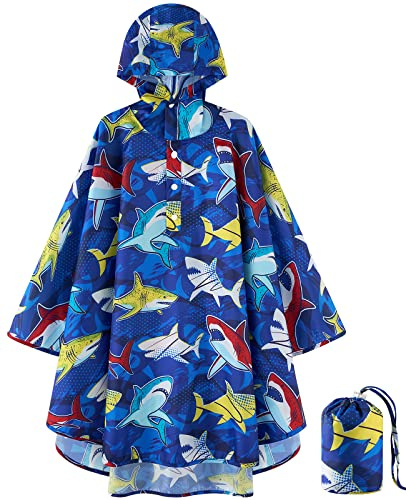 WAWSAM Lightweight Kids Raincoat Boys Rain Poncho Reusable Hooded Rain Jacket for Toddlers Waterproof Boys Rain Jacket Baby Boys Outwear Cartoon Rain Poncho with Shark Pattern, Shark Blue, 3-5 Years