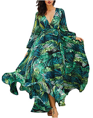 HAOLEI Maxi Dresses for Women UK Elegant Wedding Guest Green Leaves Print Summer Dresses Long Sleeve Sexy V Neck Wrap Dress Flounce Ladies Beach Boho Dress Evening Party Blackless Long Dresses