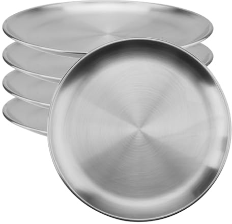 ZOENHOU 5 st middagstallrikar på 26 cm (10,8 tum), runda serveringsskålar, rostbeständiga silvermetalltallrikar för camping, grill, picknick och utomhusbruk